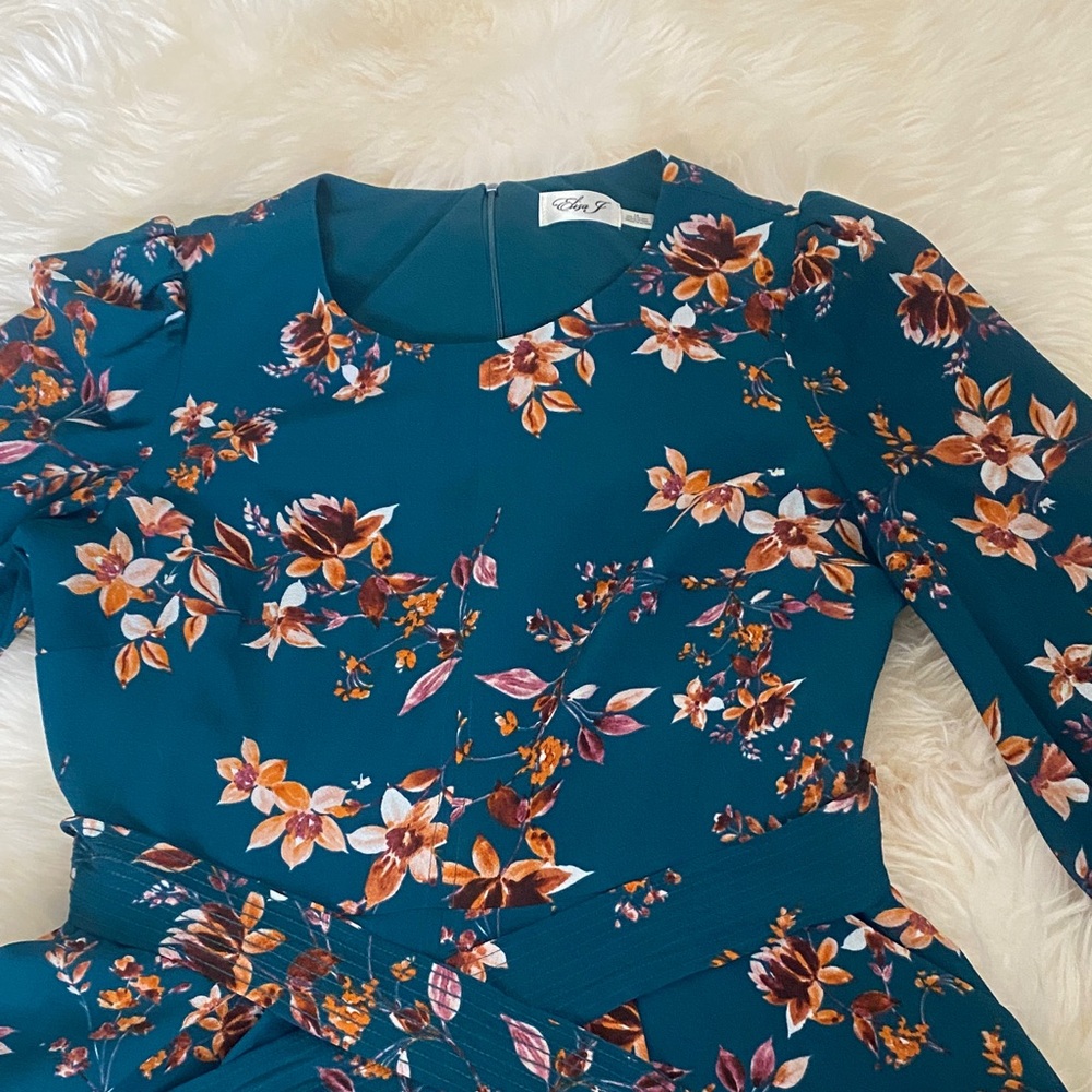 Eliza J Teal Floral Long Sleeve Dress